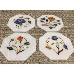 Marble Coasters with inlaid semiprecious stones made in India set of 4 coasters